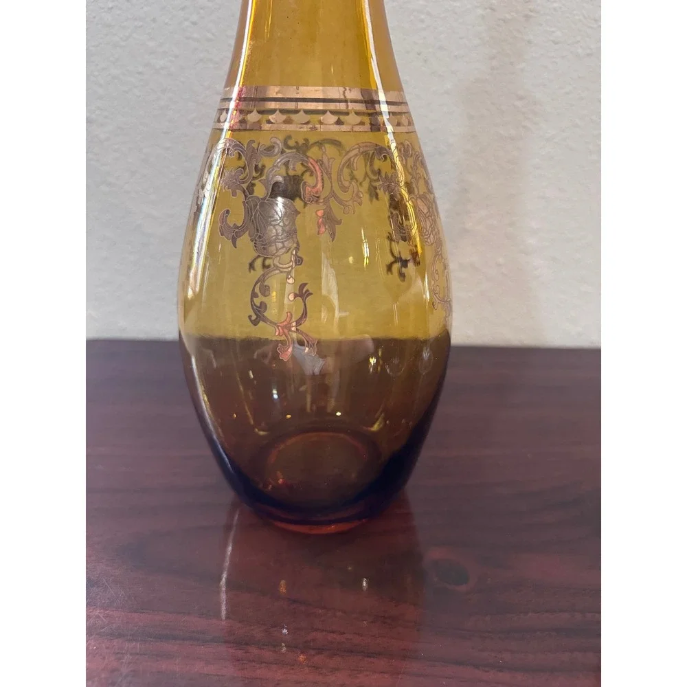 Vintage Amber Glass Decanter and 2 Wine Glass Set Gold Floral Filigree 3 Piece